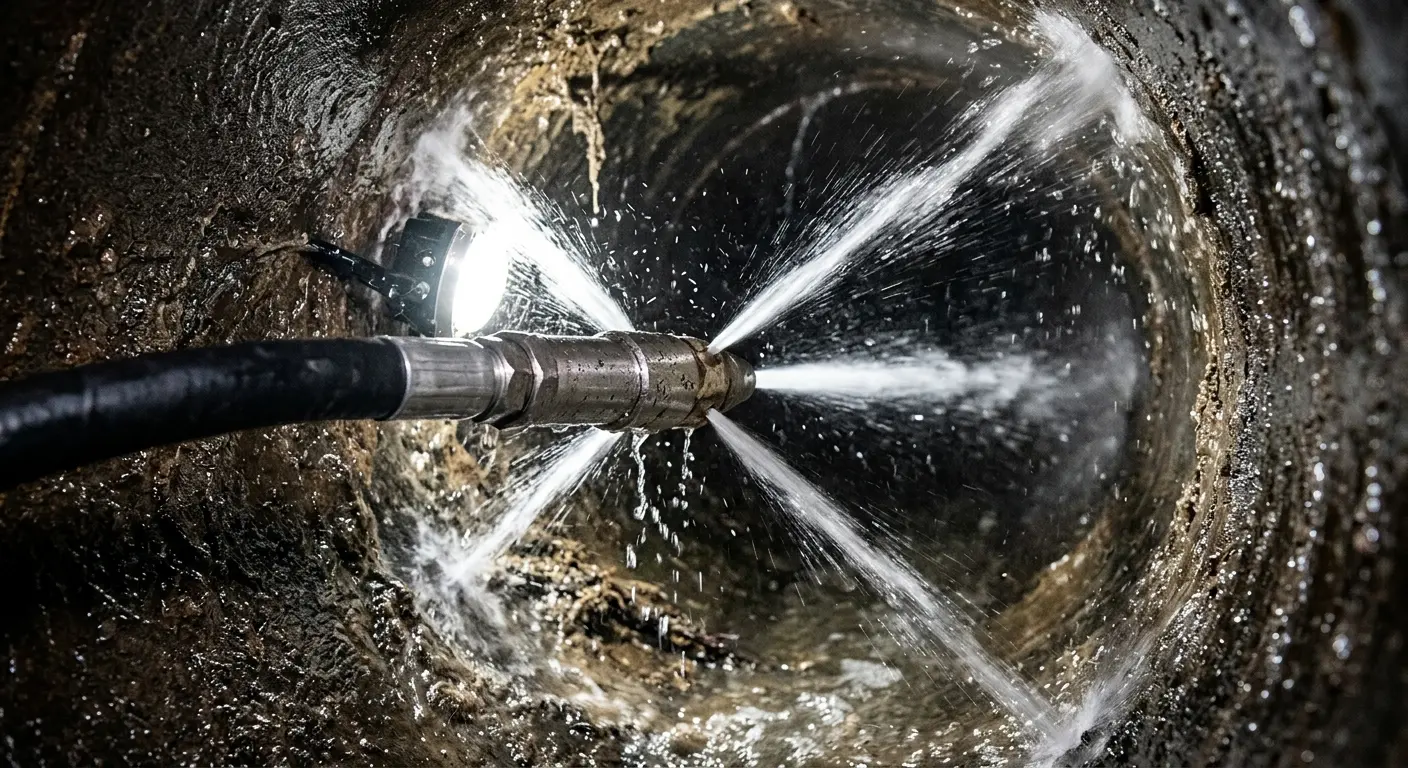 High-pressure hydro jetting nozzle cleaning sewer pipe for Trenchless Sewer Repair in Huntsville